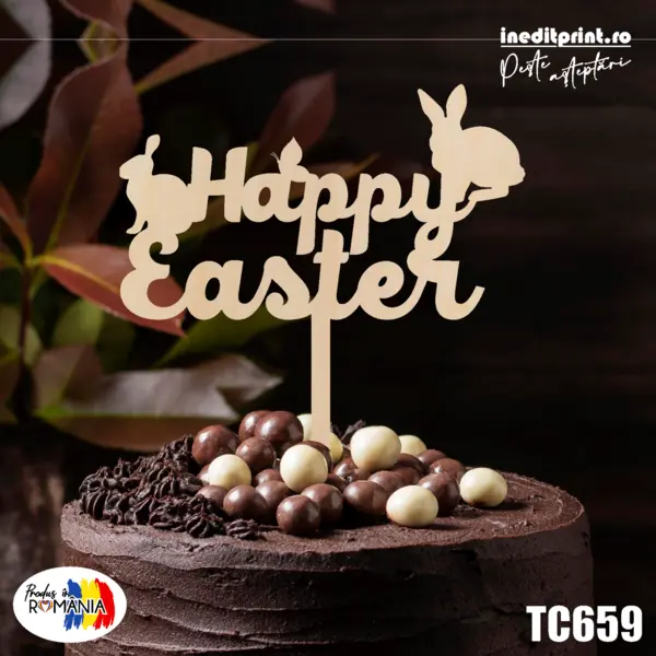 Topper tort Happy Easter TC659 Lemn natur, 13x13cm
