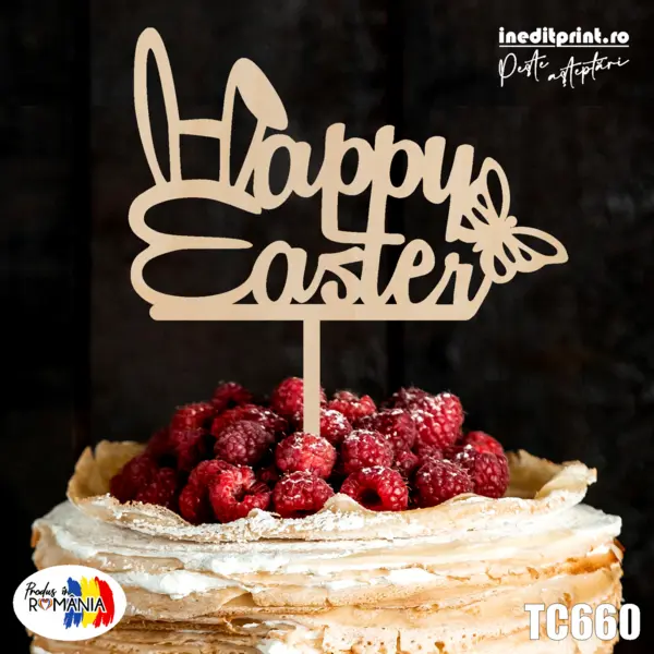 Topper tort Happy Easter TC660 Lemn natur, 16x16cm
