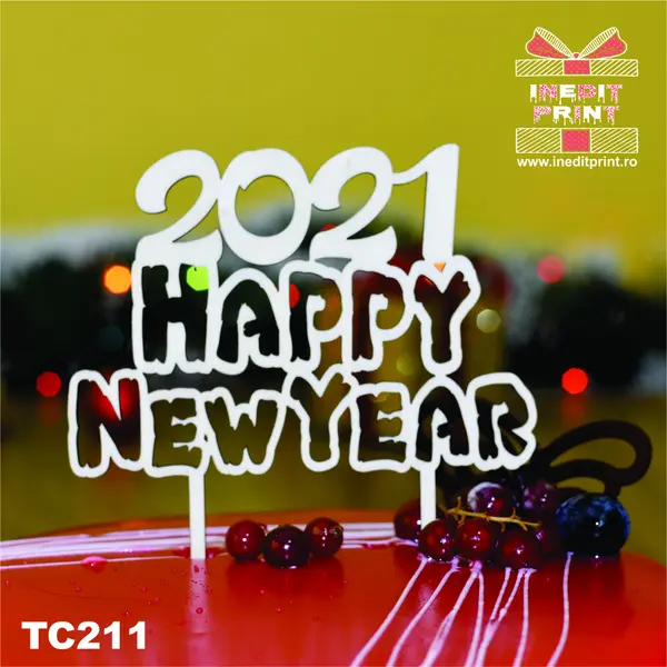 Topper tort Happy New Year TC211 Lemn natur, 13x13cm