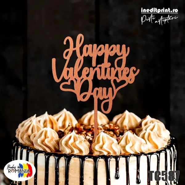 Topper tort Happy Valentines day TC587 Lemn natur, 13x13cm