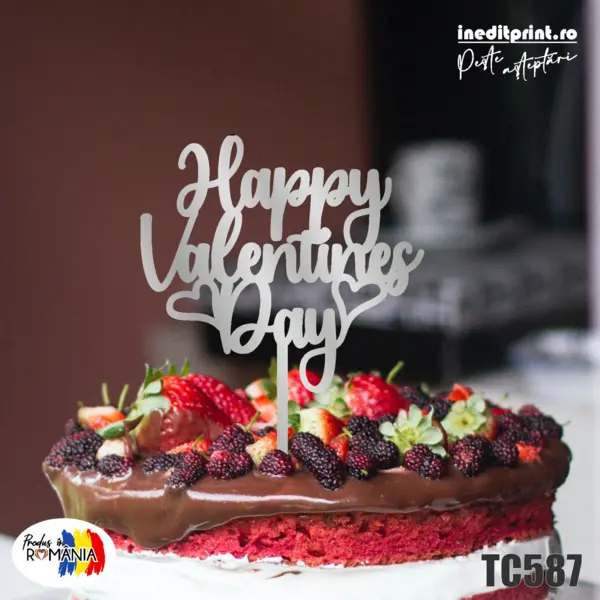 Topper tort Happy Valentines day TC587 Lemn natur, 16x16cm