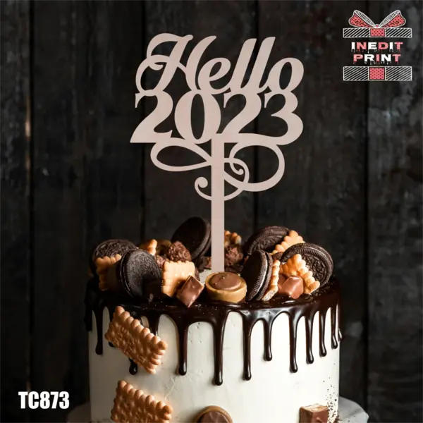 Topper Tort Hello 2023 TC873 Lemn natur, 10x10cm