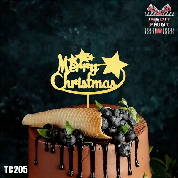 Topper tort Merry Christmas TC205 Lemn natur, 20x20cm