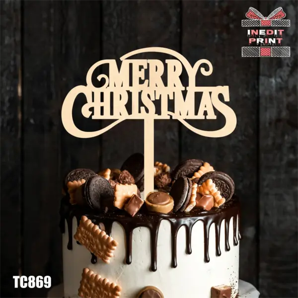 Topper Tort Merry Christmas TC869 Lemn natur, 20x20cm