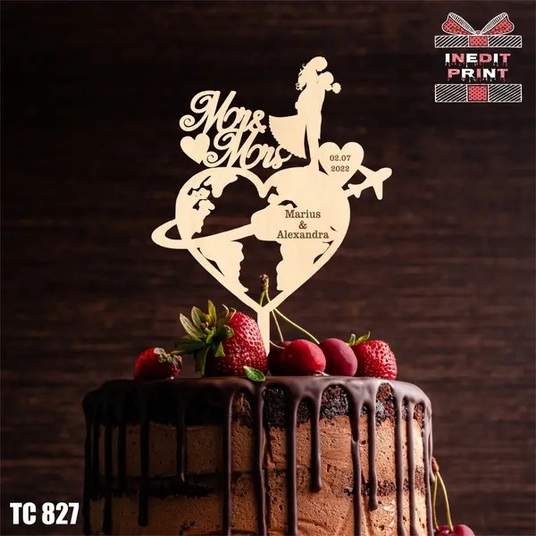 Topper Tort Personalizat Avion Mr Mrs TC827 Lemn natur, 20x20cm