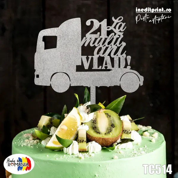 Topper Tort Personalizat Camion TC514 Lemn natur, 13x13cm