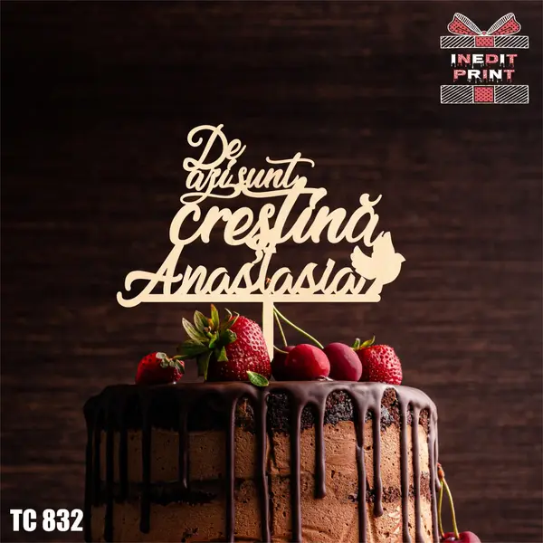 Topper Tort Personalizat De azi sunt crestin a TC832 Lemn natur, 13x13cm