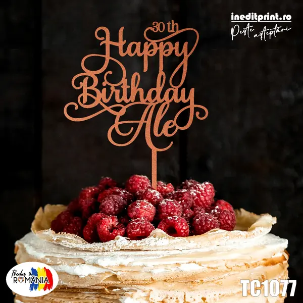 Topper tort personalizat Happy Birthday TC1077 Lemn natur, 13x13cm