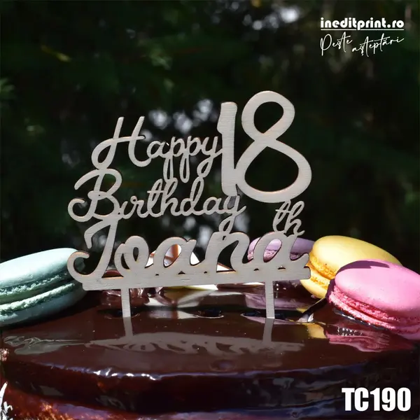 Topper Tort Personalizat Happy birthday TC190 Lemn natur, 16x16cm