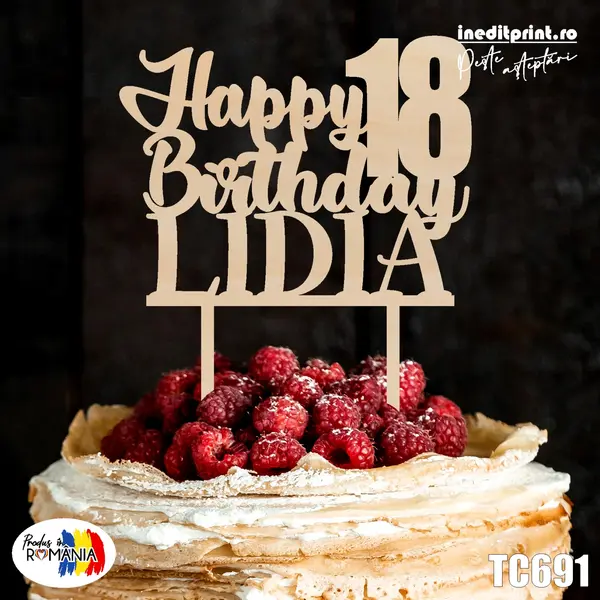 Topper Tort Personalizat Happy Birthday TC691 Lemn natur, 20x20cm
