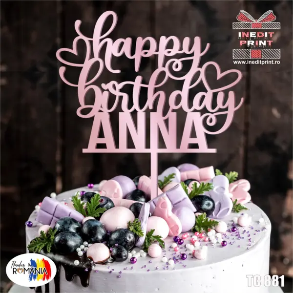 Topper Tort Personalizat Happy Birthday TC881 Lemn natur, 16x13cm