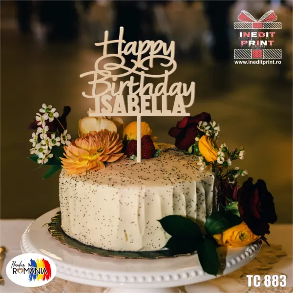 Topper Tort Personalizat Happy birthday TC883 Lemn natur, 16x16cm