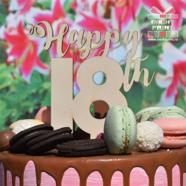 Topper Tort Personalizat Happy TC216 Lemn natur, 16x16cm