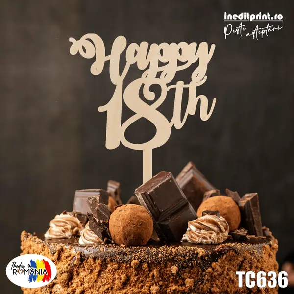 Topper Tort Personalizat Happy TC636 Lemn natur, 10x10cm