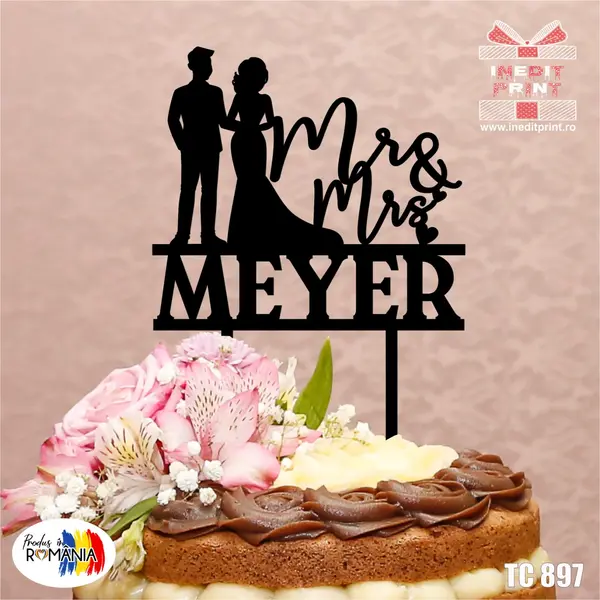 Topper Tort Personalizat Mr Mrs TC897 Lemn natur, 13x13cm