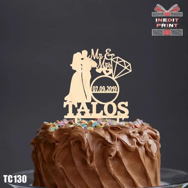 Topper Tort Personalizat MrMrs TC130 Lemn natur, 20x20cm