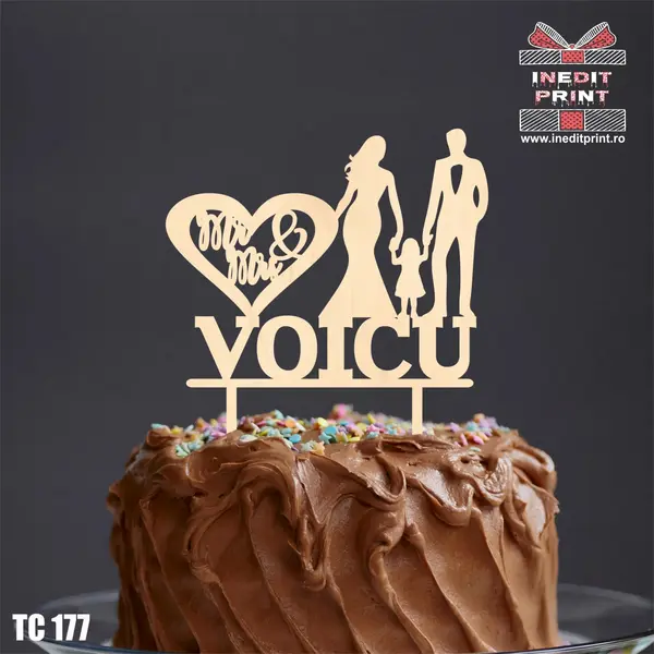 Topper Tort Personalizat MrMrs TC177 Lemn natur, 16x16cm