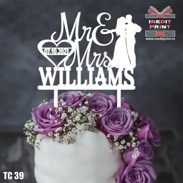 Topper Tort Personalizat MrMrs TC39 Lemn natur, 20x20cm