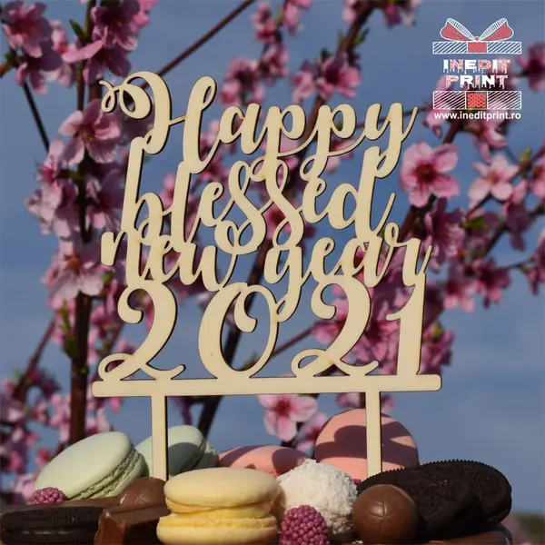 Topper tort Personalizat New Year TC234 Lemn natur, 20x20cm