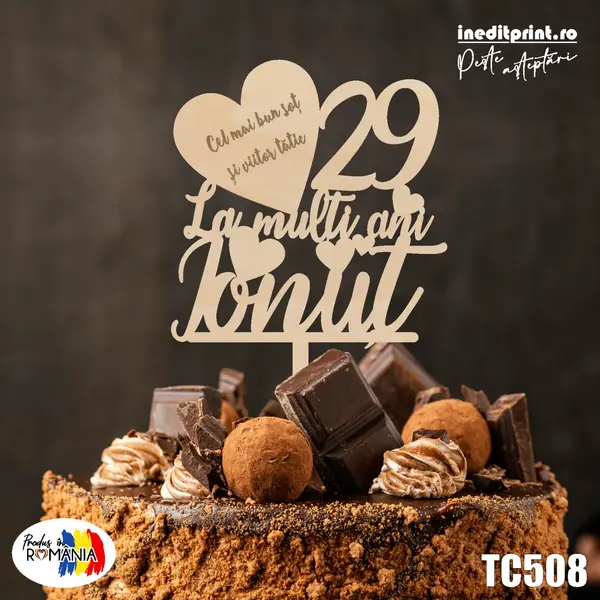 Topper Tort Personalizat TC508 Lemn natur, 16x16cm