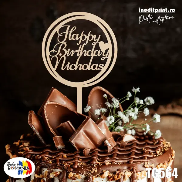 Topper tort Personalizat TC564 Lemn natur, 13x13cm