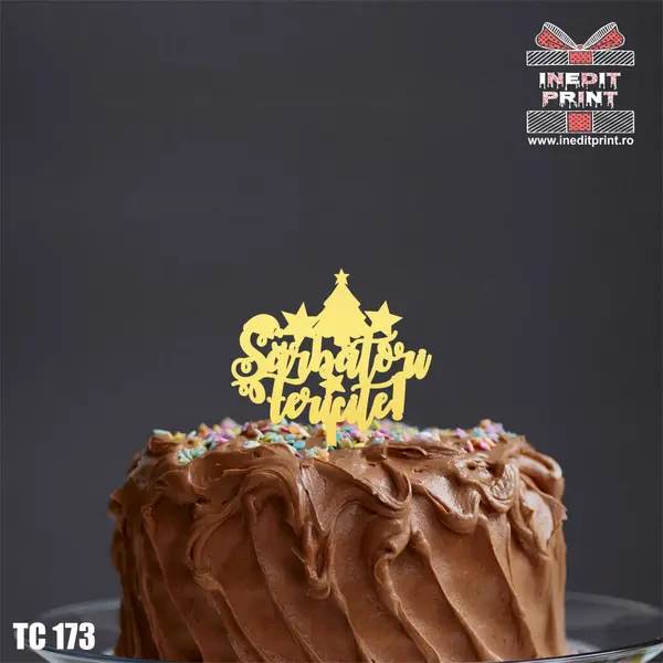 Topper tort Sarbatori fericite TC173 Lemn natur, 10x10cm