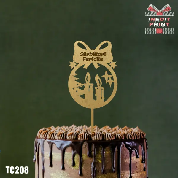 Topper tort Sarbatori fericite TC208 Lemn natur, 15x21cm