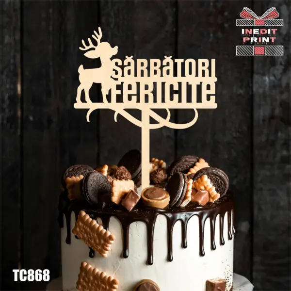 Topper Tort Sarbatori Fericite TC868 Lemn natur, 10x10cm