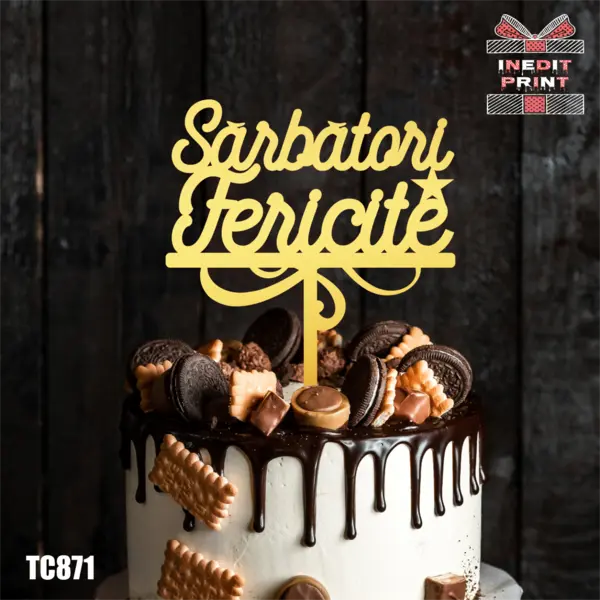 Topper Tort Sarbatori Fericite TC871 Lemn natur, 20x20cm