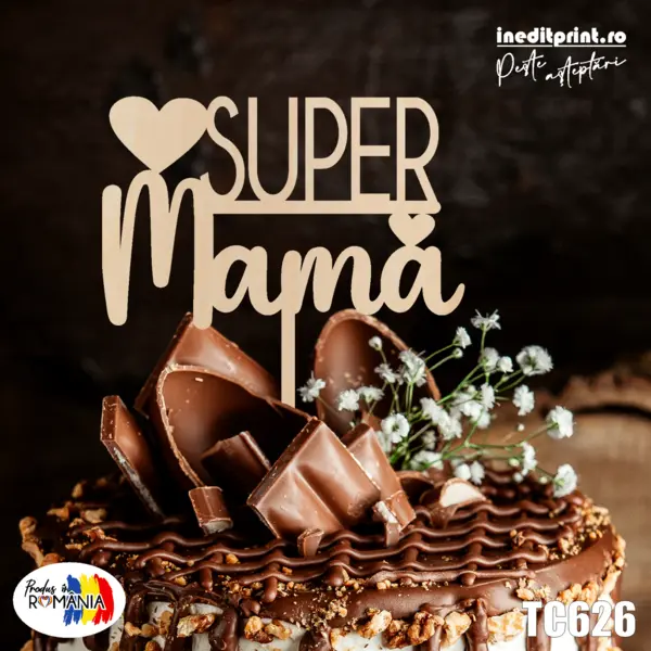 Topper tort Super mama TC626 Lemn natur, 13x13cm