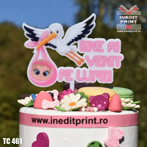 Topper Tort UV Bine ai venit pe lume TC461 10x10cm, Plexiglass alb