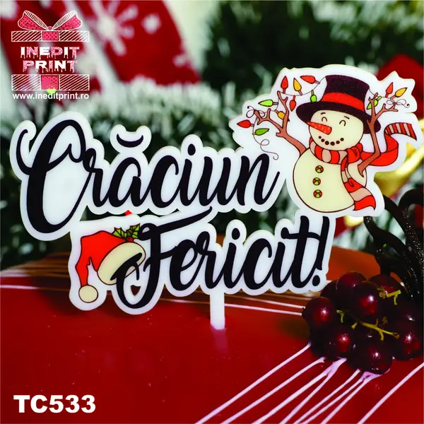 Topper Tort UV Craciun fericit TC533 10x10cm, Plexiglass alb
