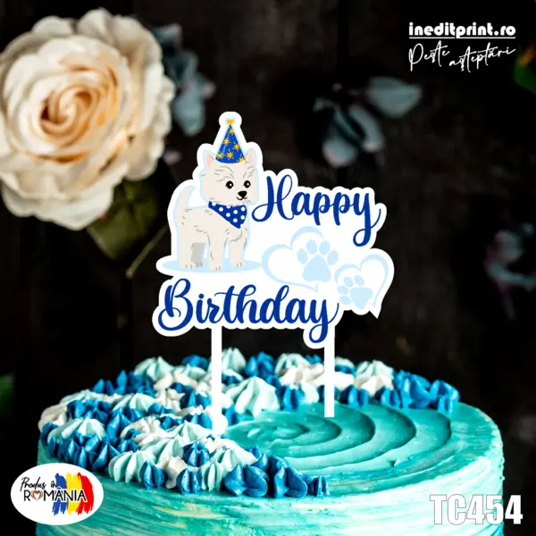 Topper Tort UV Happy B-day DOG TC454 10x10cm, Plexiglass alb