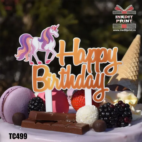 Topper Tort UV Happy B-day Unicorn TC499 15x15cm, MDF