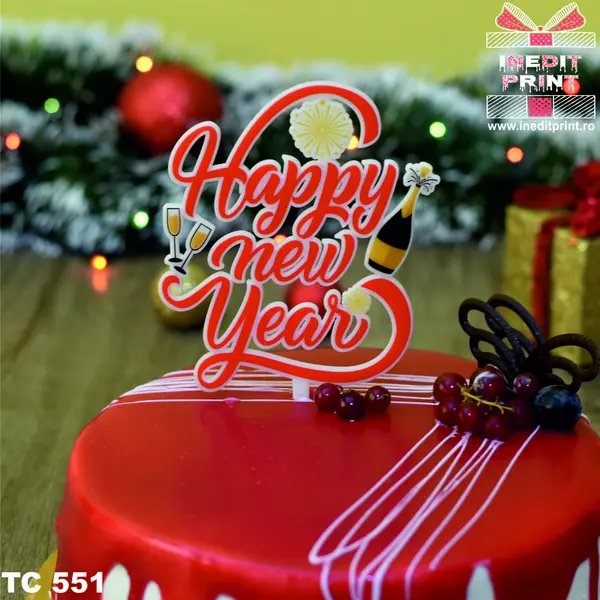 Topper Tort UV Happy new Year TC551 15x15cm, Plexiglass alb