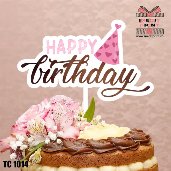 Topper Tort UV Party Hat Happy Birthday TC1014 13x13cm, Plexiglass alb