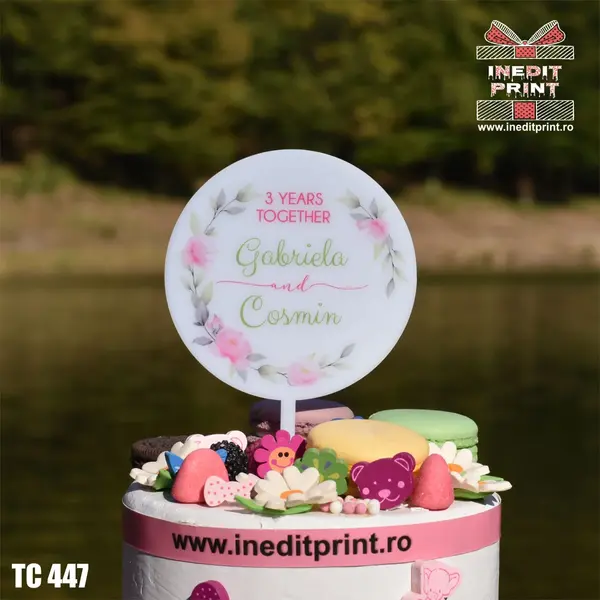 Topper Tort UV Personalizat 3 years together TC447 10x10cm, Plexiglass alb