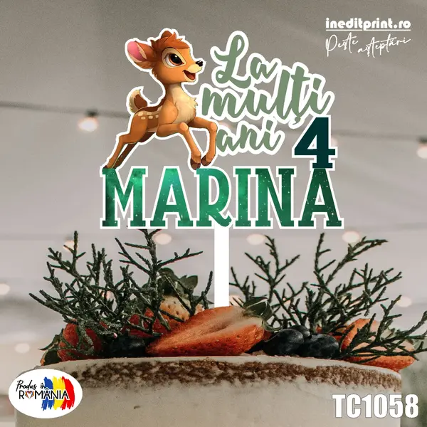 Topper Tort UV Personalizat Bambi TC1058 16x16cm, Plexiglass alb