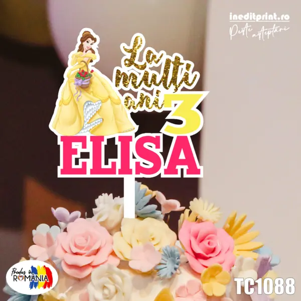 Topper Tort UV Personalizat Belle TC1088 13x13cm, MDF