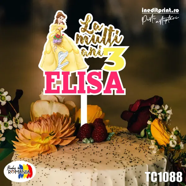 Topper Tort UV Personalizat Belle TC1088 13x13cm, Plexiglass alb