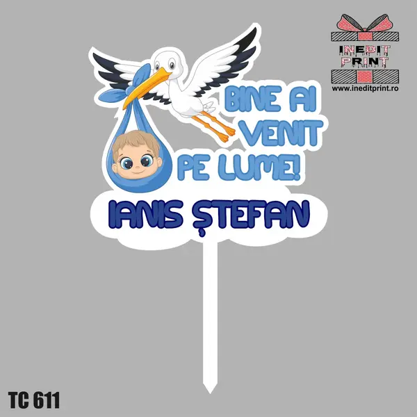 Topper Tort UV Personalizat Bine ai venit pe lume TC611 10x10cm, Plexiglass alb