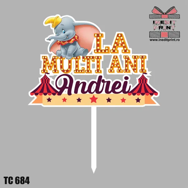 Topper Tort UV Personalizat Dumbo TC684 13x13cm, Plexiglass alb