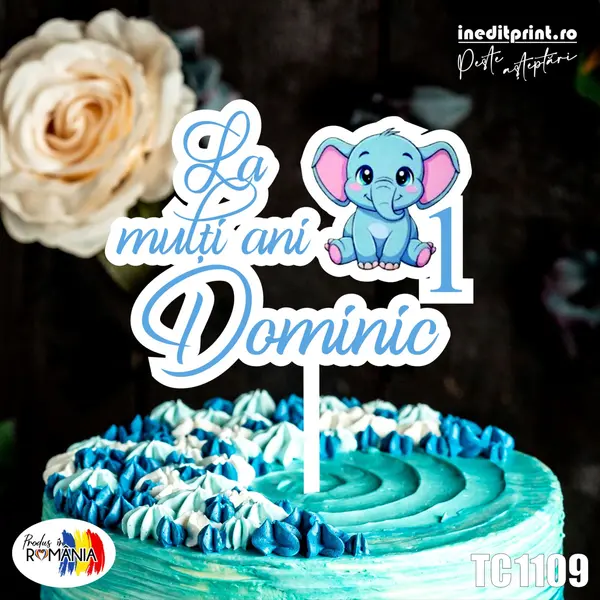 Topper Tort UV Personalizat Elefant TC1109 10x10cm, MDF