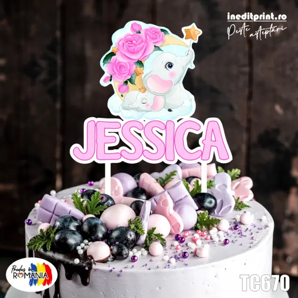 Topper Tort UV Personalizat Elefant TC670 10x10cm, MDF