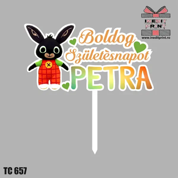 Topper Tort UV Personalizat Iepuras TC657 13x13cm, Plexiglass alb