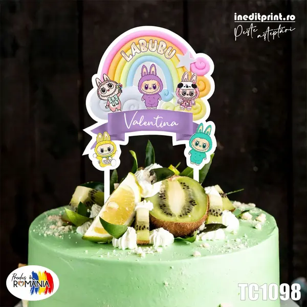 Topper Tort UV Personalizat Labubu TC1098 16x16cm, Plexiglass alb