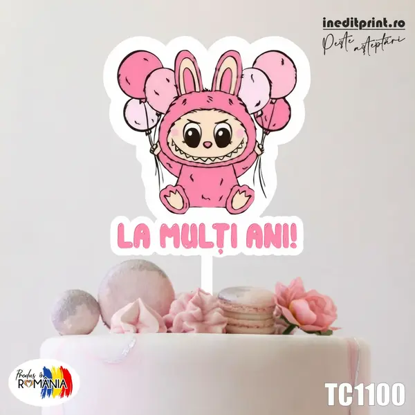 Topper Tort UV Personalizat Labubu TC1100 10x10cm, Plexiglass alb