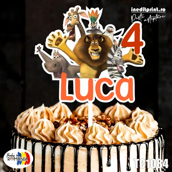Topper Tort UV Personalizat Madagascar TC1084 10x10cm, Plexiglass alb