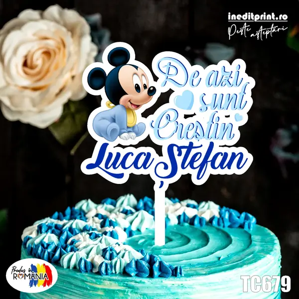 Topper Tort UV Personalizat Minnie Mickey TC679 fata baiat (De azi sunt crestin a) 16x16cm, MDF