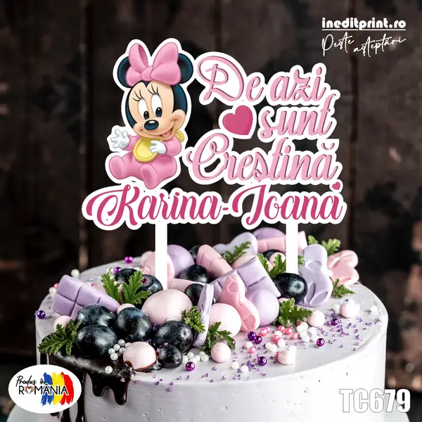 Topper Tort UV Personalizat Minnie Mickey TC679 fata baiat (De azi sunt crestin a) 10x10cm, MDF